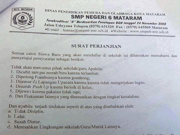 Heboh Surat Perjanjian Murid Dilarang Menuntut Jika Dicubit