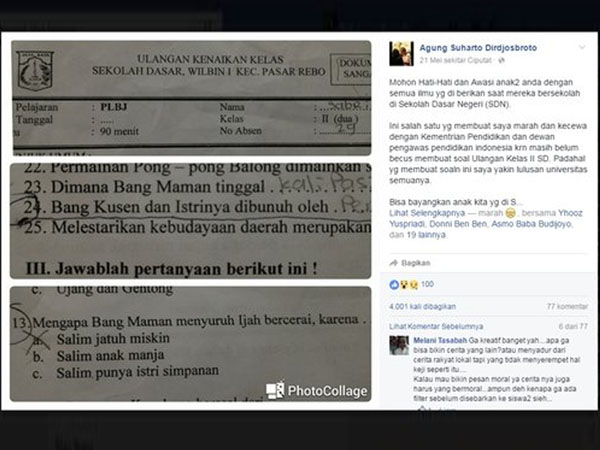 Duh, Guru SD Beri Soal Ulangan Tentang Perceraian dan Pembunuhan!