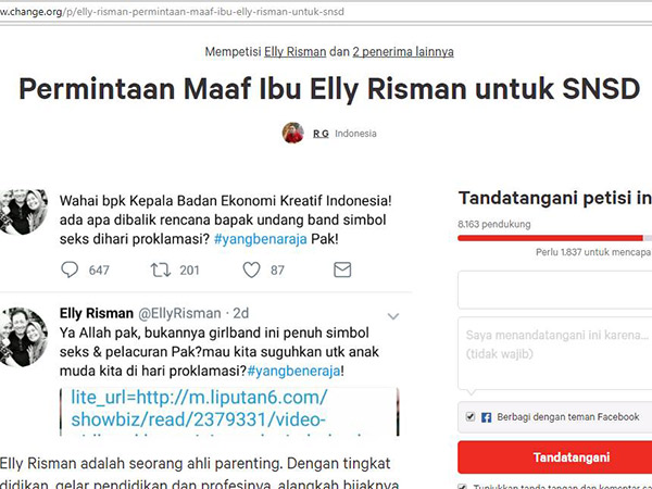 Fans SNSD Buat Petisi Tuntut Permintaan Maaf Elly Risman