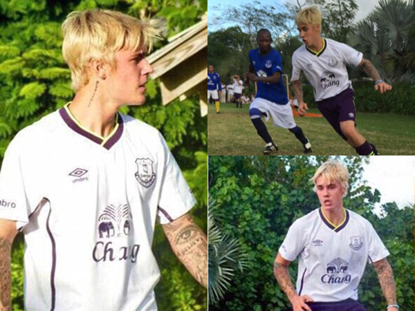 Main Sepakbola Pakai Kostum Everton, Justin Bieber Alami Cedera?