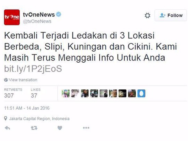 Sebar Berita Hoax Soal Bom Sarinah Hingga Dikutip Media Asing, TV One Dibully Netizen