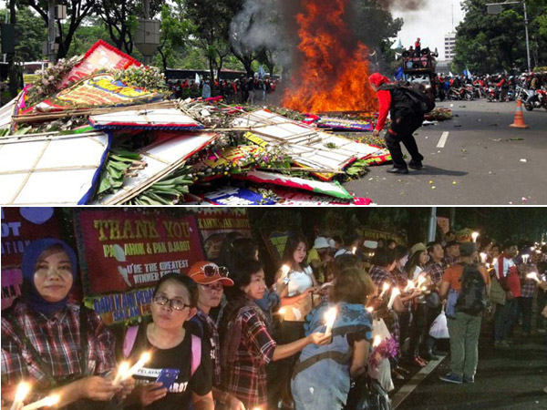 Warga Didominasi 'Ibu Baper' Lakukan Aksi Balasan Terkait Pembakaran Bunga Ahok di Demo Buruh