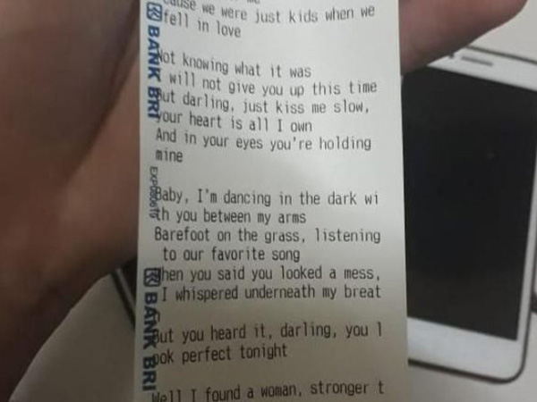 Viralnya Struk ATM BRI dengan Lirik Lagu Ed Sheeran Justru Buat Pengunggah Minta Maaf?
